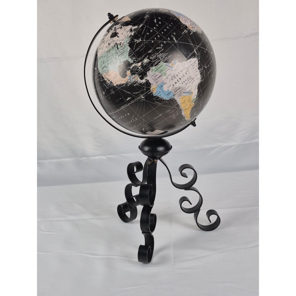 Vintage‎ Tilted Black Ocean Globe USSR Yugoslavia Serbia Wrought Iron Stand 16"
